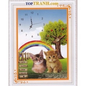 Tranh thêu đồng hồ mèo con